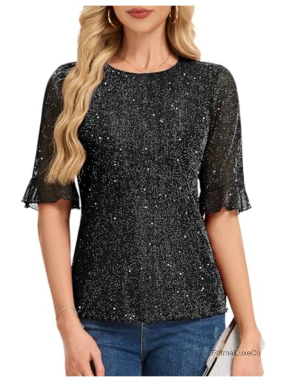 HomRain Sparkly Blouse 3/4 Bell Sleeve Lurex Women Dressy Evening Top